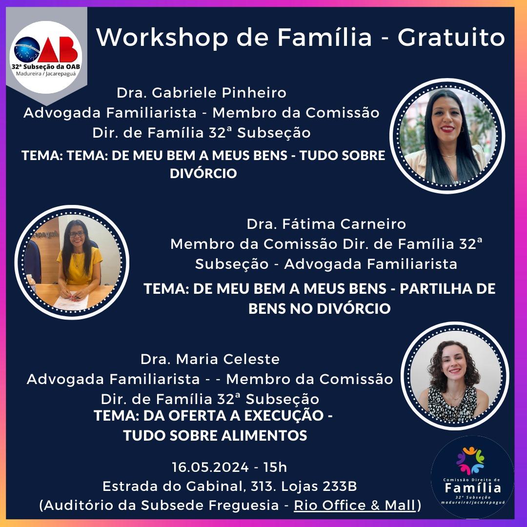 16/05 - Workshop de Família 2 - Gratuito