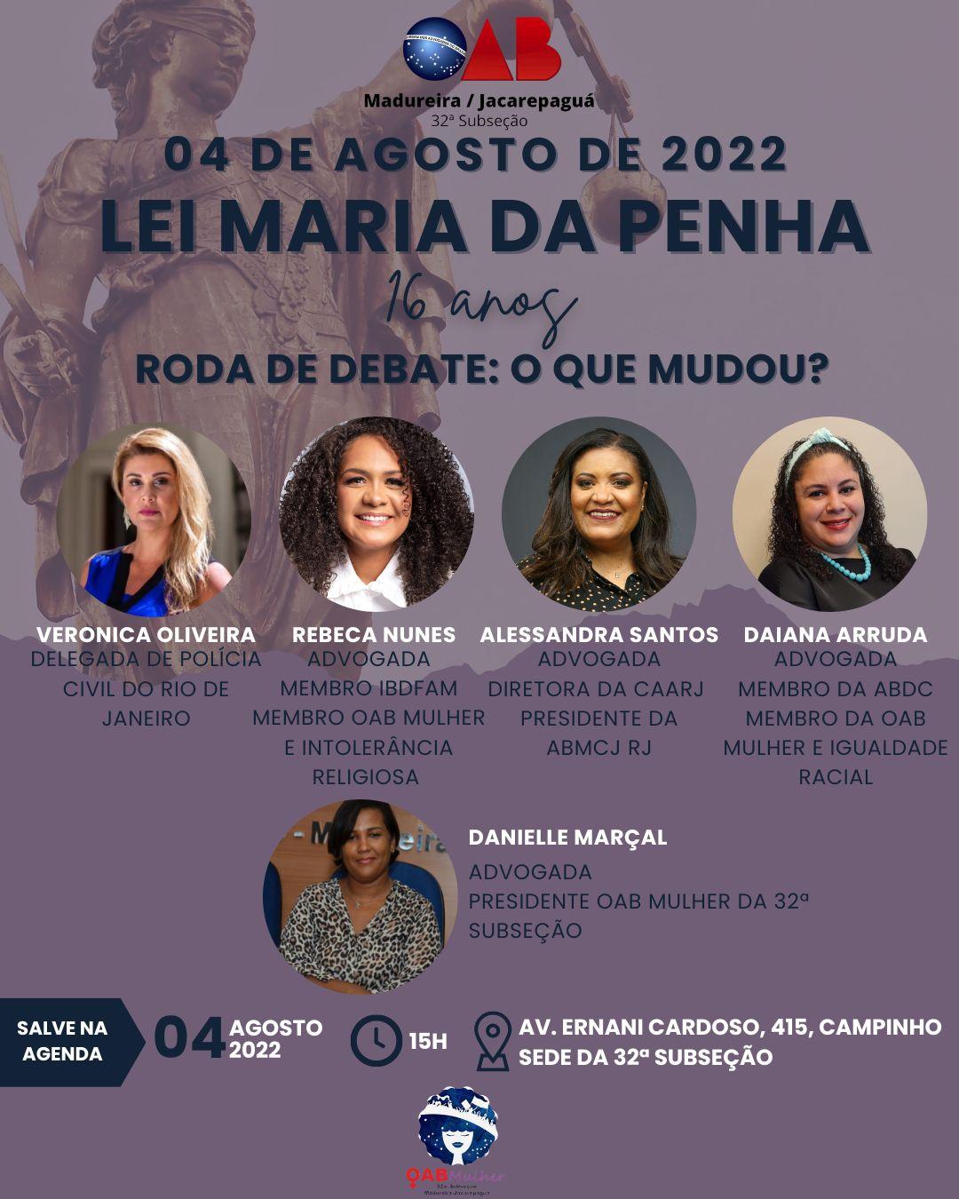 Palestra dia 04/08 Lei Maria da Penha - 16 anos. Roda de Debate: O que mudou?                                 